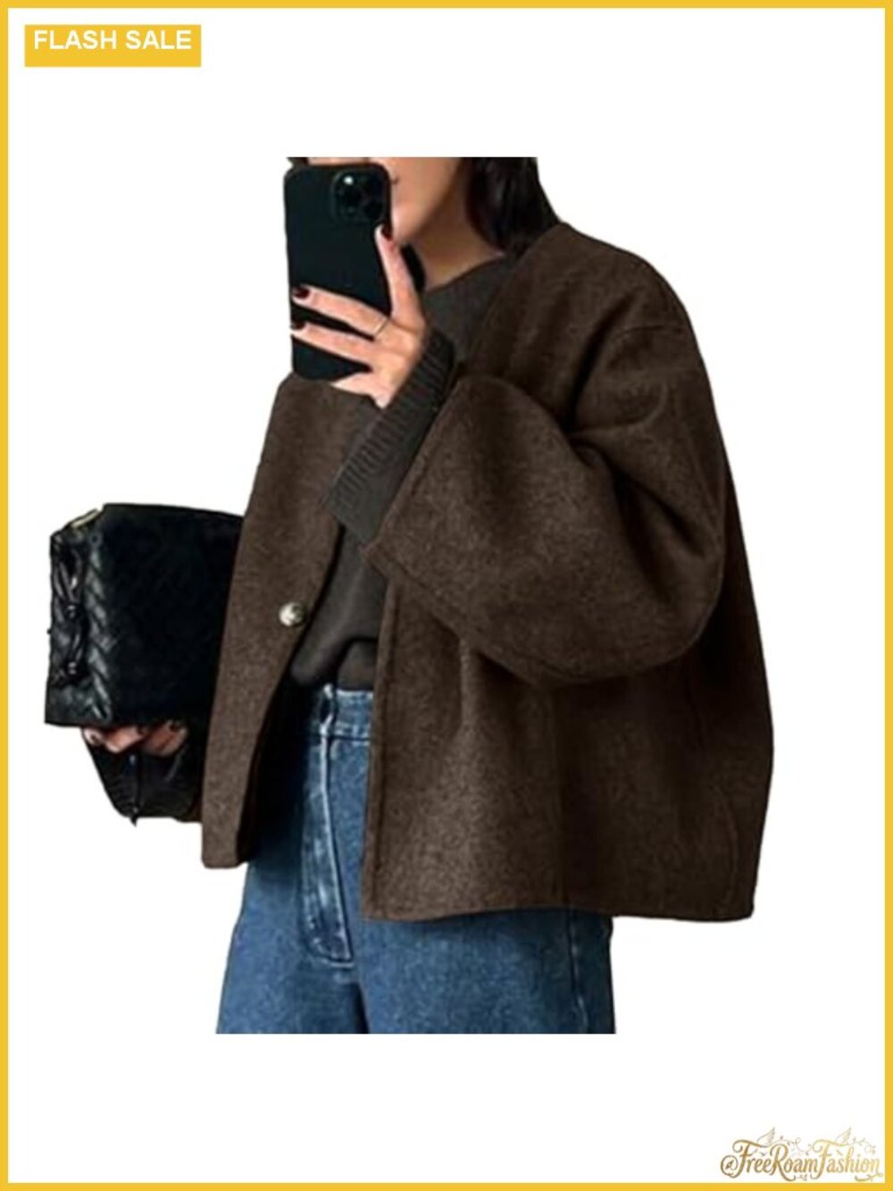 Cropped Wool Blend Coat Jacket Fall Winter V-Neck Overcoat